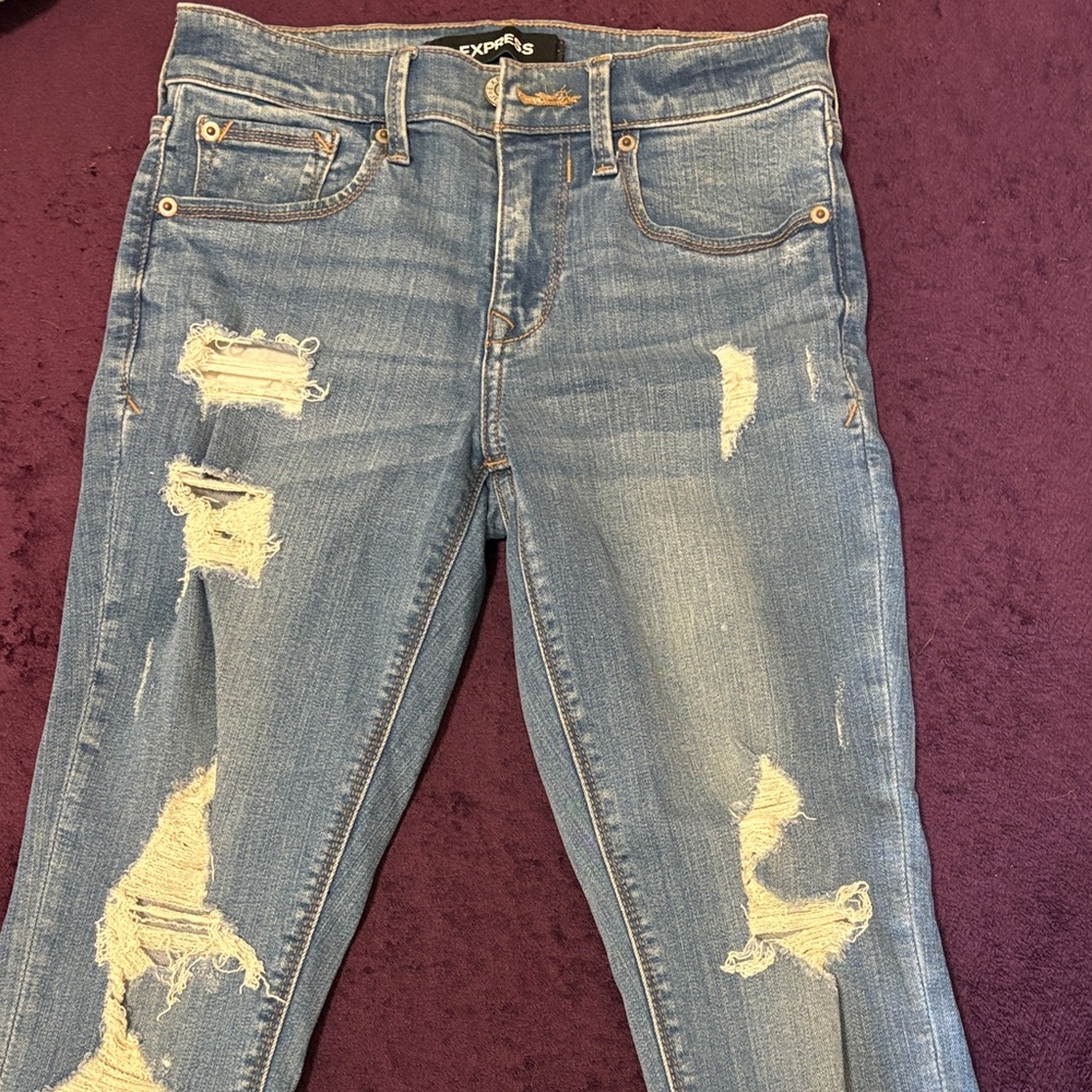 Express Women's Light Blue Distressed Skinny Jeans